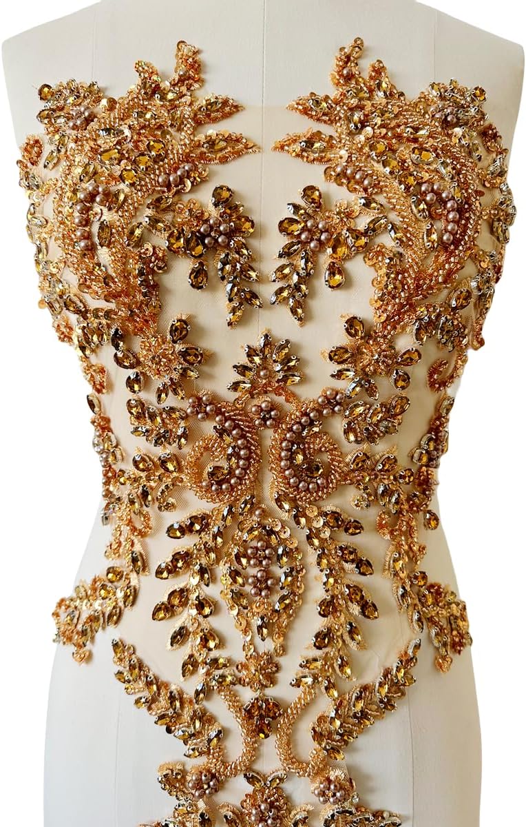 PLune Handmade Shiny Rhinestones Applique handsewing Beaded Sequins Crystal on lace Trim Patches for Prom Dress Clothing Decorative Accessories (Champagne) - Image 2